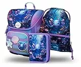 Baagl Schulranzen Jungen Mädchen Set 3 Teilig, Ergo Schultasche für 1. Klasse, Ergonomische Grundschule Ranzen Tornister mit Brustgurt (Axolotl)