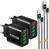 USB Ladegerät,4-Ports 33W Netzteil mit QC 3.0 USB Schnellladegerät Mehrfach mit 2 Stück 2M/3M Schnellladekabel, Adapter Stecker für iPhone 16/15, Galaxy S24/23/22/21,iPad Pro,LG, Sony