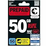 congstar Prepaid ALLNET XL – 50 GB im D-Netz mit 5G (25 Mbit/s), 16 € Startguthaben, Telefon & SMS Flat in alle dt. Netze, EU-Roaming inkl., jedes Jahr 1 GB mtl. mehr, ohne Vertrag.