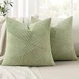 MIULEE Kissenbezug 45x45 Bohnengrün frühling Sofakissen Kordsamt 2er Set Kissenbezüge Zierkissenbezug Kissenhülle Dekokissen Streifen Muster Patchwork Design für Wohnzimmer