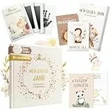 EULENTALER® Das Baby Geschenkset „Mein erstes Jahr“ I Boho Design I Babyalbum mit Leinencover, 48 Meilensteinkarten & Baby Abdruckset I Babytagebuch & Geschenk Set zur Geburt