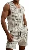 AIEOE Herren Fishnetz Weste Shorts Gestrickter Sommertops Netz Strand Häkelweste Netzanzug 3XL