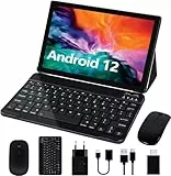 GOODTEL Tablet 10 Zoll Android 12 OS Prozessoren Octa-Core 4 GB RAM 64 GB ROM, Smart IPS, 8000 mAh Akku, 5 MP + 8 MP, WLAN | Bluetooth | OTG, mit Hülle + Touchstift + Tastatur + Maus - Schwarz