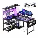 YOUDENOVA Gaming Schreibtisch L-Form mit LED, Steckdose, Wendbarer Eckschreibtisch mit Regal & Lochwand, 120x80cm Computertisch mit Stauraum, Gamer Tisch für Homeoffice & Gamer Carbonfaser Schwarz
