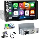 Hikity 1 Din Autoradio Wireless Carplay, Touch Screen 7 Zoll Android Auto Touch Display Radio mit Bluetooth Freisprecheinrichtung FM Radio mit Rückfahrkamera, Mirror Link, USB SD Card AUX-in Port