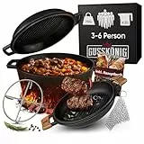 GUSSKÖNIG Dutch Oven - 2in1 Eingebrannter Gusseisen Topf 4,8L & Gusspfanne 1,8L - Dutch Oven Set mit Schmortopf Doppelfunktion - inkl. Kochbuch & Zubehör für BBQ, Camping & Küche