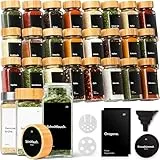 KIVY Gewürzgläser mit Streueinsatz [24x 120ml] + 240 Wasserfeste Label - Luftdichte Gewürzgläser eckig (Gewürzgläser Schwarz Bambusdeckel)