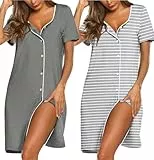 Ekouaer 2er Nachthemd Damen Zum Knöpfen Sleepshirt Kurzarm Schlafshirt V-Ausschnitt Schlafhemd Blumen Zweiteiliger Nachtwäsche