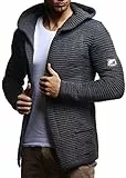 Leif Nelson Herren Strickjacke lang mit Kapuze & Reißverschluss (Grau, Größe L) - Strick Sweatjacke Männer Cardigan für Winter