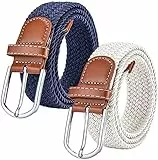 Chalier 2 Pack Damen Elastischer Stoffgürtel Geflochtener Stretchgürtel Dehnbarer Gürtel, Navy & White, Einheitsgröße