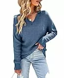 Ebifin Damen Pullover mit V Ausschnitt Langarmshirt Knitted Basic Stretch Sweater Oberteile Strickpullover Sweatshirt.Blau.M