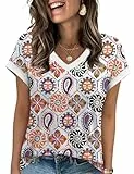 WIHOLL T-Shirts für Damen, Sommer-Top, Damen, V-Ausschnitt, Flügelärmel, Hemden, Blumendruck, lässiges T-Shirt, Damen-Tops, Farbiger Druck, XL