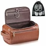 Zocipro PU-Leder Kulturbeutel für Herren mit Schuhbeuteln, Dunkel Braun Herren-Waschtasche mit 3 Fächern, Kulturbeutel mit Haken und Griff für Reisen, Fitnessstudio & Rasur