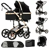 3 in 1 Kombikinderwagen,Ein-Klick-Faltung, Schwarz&Gold