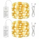HXWEIYE 2 Stück Lichterketten Batterie Aufladbar mit Timer, 5m 50LEDs Lichterkette mit Batterie, 8 Modi Klein Innen Lichterkette für Weihnachten,Schlafzimmer,Party, Hochzeit,Baumdekoration,Warmweiß
