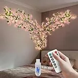 BomKra Kirschblüten Lichterkette Wanddeko - 144 LEDs Lichterkette Willow Vine mit Fernbedienung, 8 Modi, USB-Betriebene Timer, Kirschblütenbaum Wand für Wohnzimmer Deko (Mit Blättern 144led)
