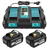 DC18RD 18V Ladegerät + 2 Stück 5,5Ah Ersatzakku Kompatibel mit Makita Akku und Ladegerät, 18V ErsatzAkkus BL1860B BL1850B BL1860 BL1850 BL1840
