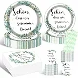 Geburtstagsdeko Partygeschirr Set, 20 Gäste Eukalyptus Teller Set, Partygeschirr Set Mit Pappteller Und Becher Servietten Happy Birthday Deko Partyzubehör für Grün Geburtstag Deko,Hochzeit, Babyshower