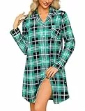 ENJOYNIGHT Damen Flanell Nachthemd Langarm Schlafshirt Knopfleiste Nachtwäsche Kurz S-XXL(X-Large,Schwarz+Grün)
