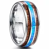 NUNCAD 8mm Blau Opal Ring Herren Damen mit Koa Holz Silber Wolframcarbid Ringe für Jubiläum Hochzeit Geburtstag Fashion Größe 58.0 (18.5)