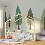 Bellabino Bia Kinderbett 90x200 cm – Hausbett mit Rausfallschutz & Lattenrost – Montessori Bodenbett aus Massivholz Kiefer – Kinder Bett in Natur für Jungen und Mädchen