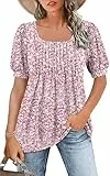 WNEEDU Tshirt Damen Sommer Bluse Kurzarm Quadratischem Ausschnitt Oberteile Damen Sommer Tunika T-Shirt Plissee Tops mit Puffärmel Lässige Flowy Elegant Rosa Winzige Blume L