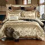 DXHOME Bettwäsche Satin 200x200 cm Bettbezug Microfaser Gold Jacquard Gelb Wendebettwäsche Set 3teilig Romantisch Blumen Muster Modern Bettwaesche Kopfkissenbezug 80x80 cm Ornamente