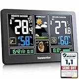 Newentor Wetterstation Funk mit Außensensor - Funkwetterstation mit Wettervorhersage, Temperaturwarnung, DCF Funkuhr - Batteriebetrieb und Netzbetrieb, Schwarz