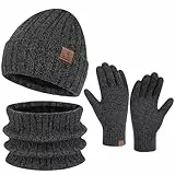 ZASFOU Herren Winter Beanie Mütze Schal Touchscreen Handschuhe Set Warme Wintermütze Strickmütze Loop Schal Schlauchschal Winterhandschuhe Weihnachten Geschenk für Männer