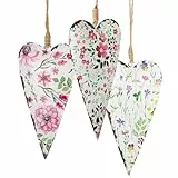 Logbuch-Verlag 3 Metallherzen Ostern zum Aufhängen mit Blumen beige rosa Herz Anhänger aus Metall Vintage 17 cm Geschenk