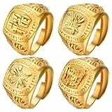 JewelryWe Ringe Herren Vergoldet Siegelringe: 4 Stück Gold Herren-Ring Reich/Glück/Reichtum/Erfolg Offener Goldring Bandring Band mit Gravur verstellbare Größe Geschenk für Männer Vater Freunde