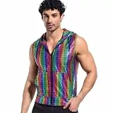 Landofgenie Metallic-Pailletten Kapuzenweste für Herren - Ärmellos mit Reißverschluss & Kängurutasche, Mehrfarbig XL