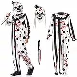 BuzzoXerex Horror Clown Kostüm Kinder, Art the Clown Jumpsuit Kinders Halloween Terrifier Kostüm Kinder mit Schwarz Weißer Overall, Maske Spielzeug Messer für Halloween Karneval (L)