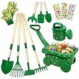 Schubkarre für Kinder, 13 Gartenwerkzeug Set für Kinder, Gartenset mit Schubkarre Kind, Kinderschubkarre mit Schaufel, Rechen, Gießkanne, Handschuhe, Sticker, Gartengeräte Garten (Grün)