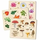 Spielzeug Puzzle ab 1 2 3 Jahre - 3X Set Montessori Holz Steckpuzzle für Kinder ab 4 von QUOKKA - Lernspielzeug für Mädchen and Jungen - Pilze, Blumen, Blätter Lernen