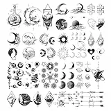 Acevegue 30 Blätter Temporäre Tattoos, Fake Klebetattoos Für Erwachsene Mit Planeten Sonne Mond Sterne Herz, Schwarz 3D Realistisch Kleine Tattoo Für Frauen Männer Halloween Deko