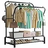 SMILOVII Kleiderständer, Freistehender Doppelruten Kleiderbügel für schlafzimmer Kleiderständer, Multifunktional Garderobenständer, Stabil Kleiderstange mit 8 Haken und 2 Schuhregal metall, schwarz