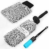 Toripor Profi Mikrofaser Felgenbürste extra dünn - mit Auto Detailing Brush Waschhandschuh, Lang Felgen Felgenreiniger Bürste für schonende Reinigung bis tief ins Felgenbett Alufelgen Wäschen Pflege