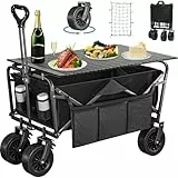 YITAHOME Bollerwagen mit Großen Universalrädern, Faltbarer Handwagen mit Tisch, 2 Getränkehaltern, Hohe Tragfähigkeit 220 lbs Verstellbare Griffhöhe, Bollerwagen für Outdoor Garten Picknicks (Schwarz)