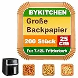BYKITCHEN 200 Stück Backpapier Airfryer für 8L-12L Heißluftfritteuse, 25cm, Antihaft Eckig Hitzebeständig Airfryer Papier Auflaufform für Russell Hobbs XXL 8,3L Airfryer,für Mikrowelle, Backofen