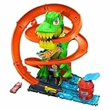 Hot Wheels Spielzeugauto Streckenset, City T-Rex-Feuerschlacht Spielset und 1 Die-Cast-Feuerwehrauto im Maßstab 1:64, über 45 cm groß, mehrere Rennausgänge, bewegliche Dinosaurieraugen, JBM73