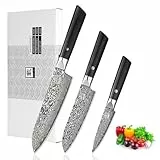 zayiko Black Edition Damastmesser 3er Messer-Set I Klingen von 9-18 cm gefertigt aus 67 Lagen edlem dunklen Damaststahl & Pakkaholzgriff I Premium Küchenmesser & Profi Kochmesser im Set