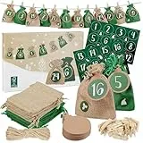 LIVAIA Adventskalender Zum Befüllen - Stoff Adventskalender 2025 Mit 24 Jute Säckchen, Zahlenaufkleber, Geschenk Anhänger, Band - Adventskalender Kinder Zum Selbstbefüllen - Grün und Gold
