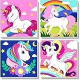 Pujeknm 4 Stück Einhorn Malen Nach Zahlen ab 5 6 7 Jahre Mädchen mit Rahmen, Süßes Einhorn Malen Nach Zahlen für Kinder ab 7 Jahren Acrylfarben mit als Geschenk, Mittel 20x20 cm (Glückliches Tiere)