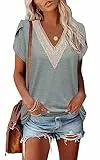 Famulily Tshirt Damen V Ausschnitt Sommer Lässige Oberteile Blütenblatt Kurzarm Tops Casual Elegant Bluse (M,Grau)