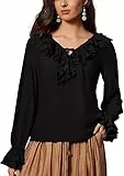 SCARLET DARKNESS Damen Trachtenbluse V-Neck mit Rüschen Oberteil Lang Puffärmel Schwarz Tops Wikinger Kleidung M