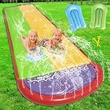 KUWUNG Wasserrutsche Garten für Kinder, 19.7ft/600cm Wasserrutsche mit 2 Bodyboard, Doppelrutsche Wasserrutschee Garten mit Eingebautem Sprinkler für Rasenflächen Outdoor