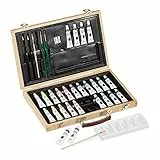 Relaxdays Malkoffer, 35-TLG. Zeichenset mit Acrylfarben, Bleistift Set, Mischpalette, Pinsel, Anspitzer, Holz, Natur