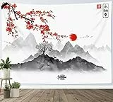 LB Wandteppich japanisch Wandtuch Rote Kirschblüte und Sonne Wandbehang Grauer Schwarzer Berg Tapisserie für Wohnzimmer Schlafzimmer Wohnheim Wanddeko,150x100 cm