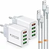 USB Ladegerät,4-Ports 33W Netzteil mit QC 3.0 USB Schnellladegerät Mehrfach mit 2 Stück 2M/3M Schnellladekabel,Adapter Stecker für Samsung Galaxy S24/23/22/21,iPad Pro,LG, Sony